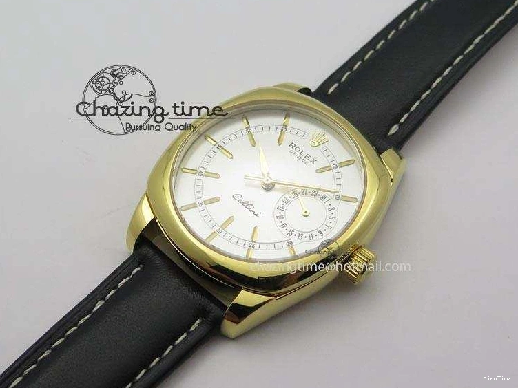 MiroTime 0114 Stylish Cellini Date YG White Stick Dial On Black Leather Strap A 3881